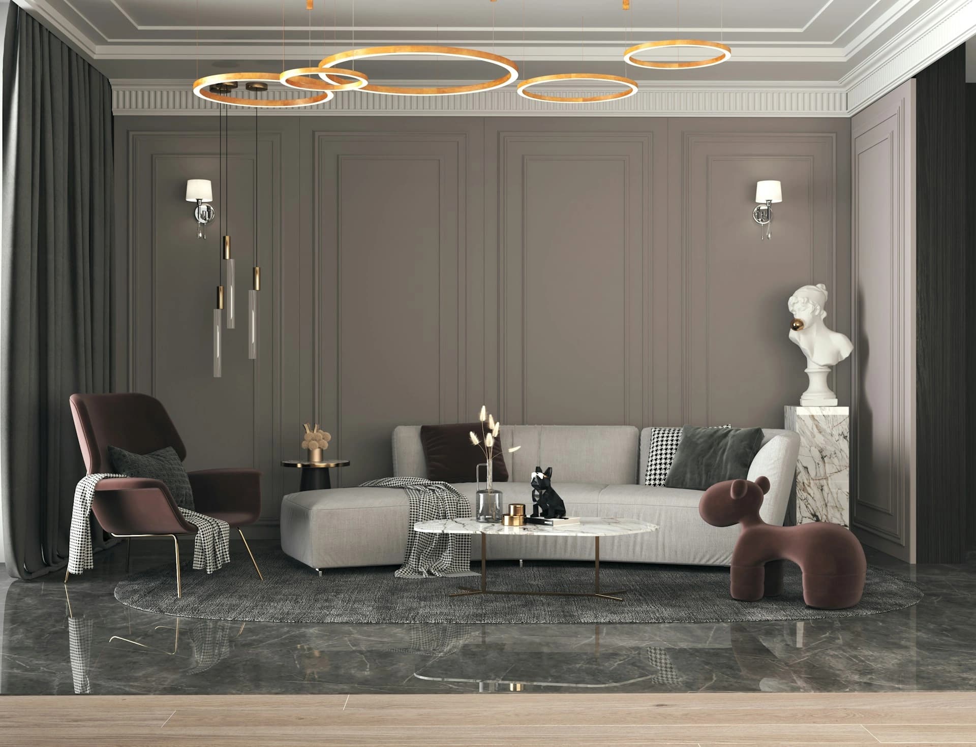 Mobilier en marbre marocain dans un intérieur contemporain de luxe, Casablanca