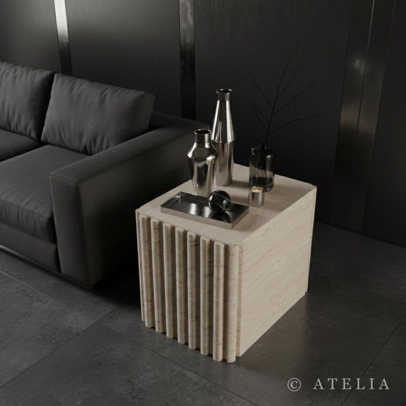 CANNELA table d'appoint travertin cannelé, atelier ATELIA